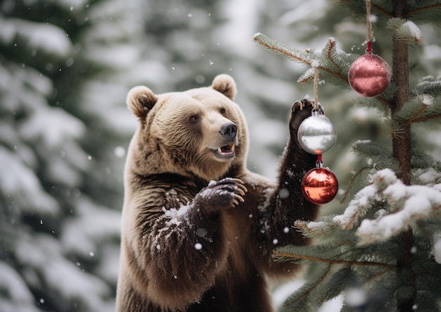 Есть медведь, который держит рождественское украшение.
