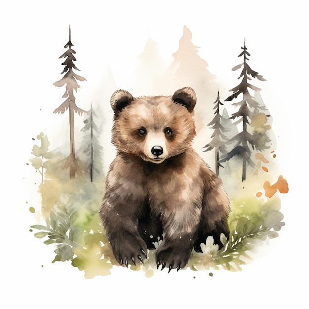 there is a bear that is sitting in the grass near some trees generative ai