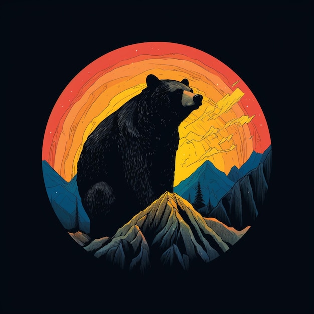 Photo there is a bear that is sitting on a mountain with a sunset in the background generative ai