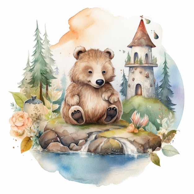 There is a bear that is sitting on a rock near a waterfall generative ai