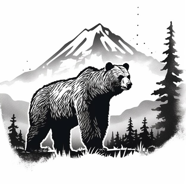 山の近くの草の中に立っているクマがいます。