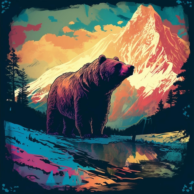 There is a bear that is standing in the snow near a mountain generative ai