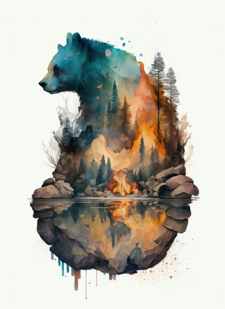 there is a bear that is standing in the water with a mountain in the background generative ai