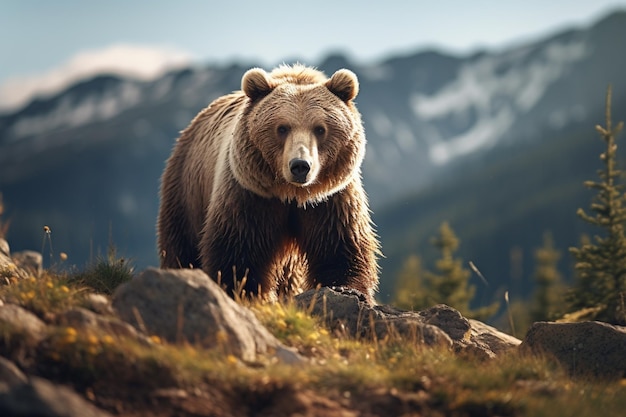 Photo there is a bear that is walking on a rocky hill generative ai