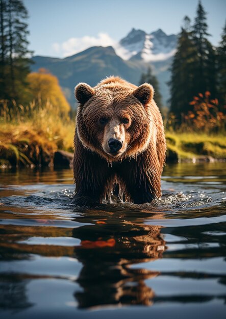 Foto c'è un orso che cammina nell'acqua generativa ai