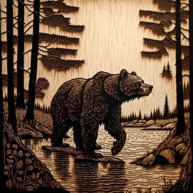 there is a bear that is walking in the woods by the water generative ai