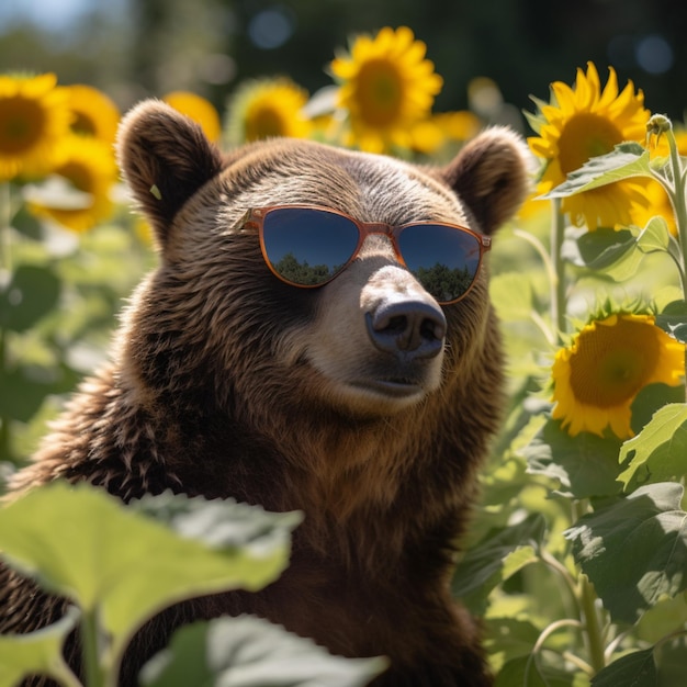 太陽の花の畑にサングラスをかぶったクマがいます