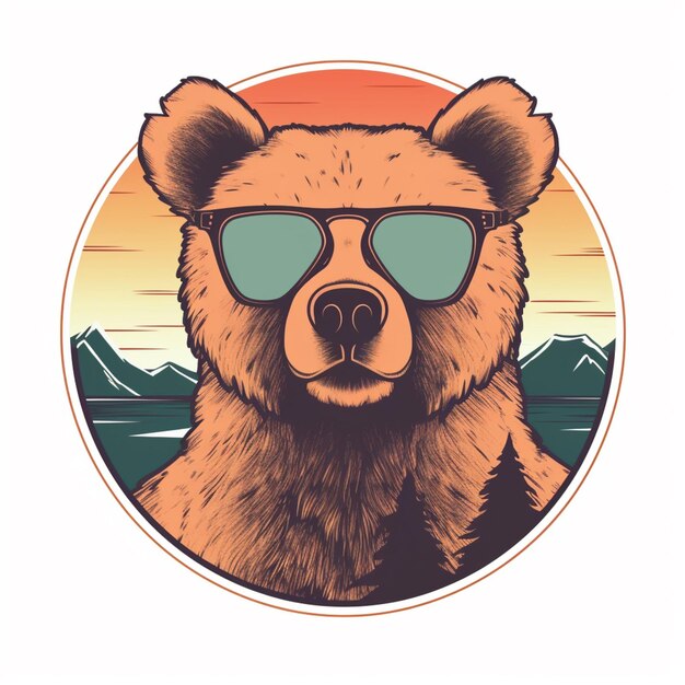 Photo there is a bear wearing sunglasses and a mountain in the background generative ai