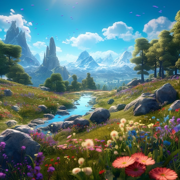 There is a beautiful landscape with a stream and flowers generative ai