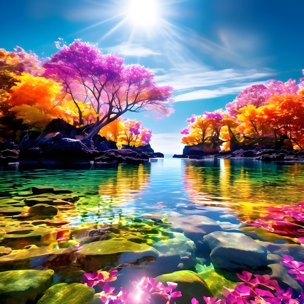 There is a beautiful magical island that is full of bright colorful trees this island is vibrant
