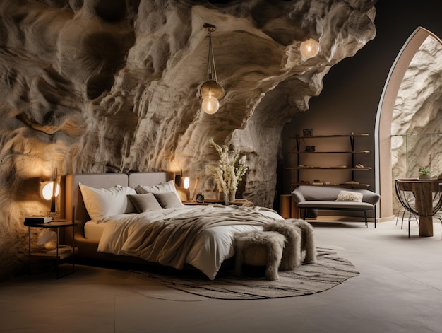 洞窟の中に大きな窓のあるベッドがある