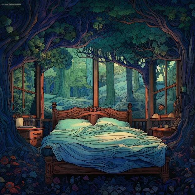 There is a bed in a forest with a window and a night stand generative ai