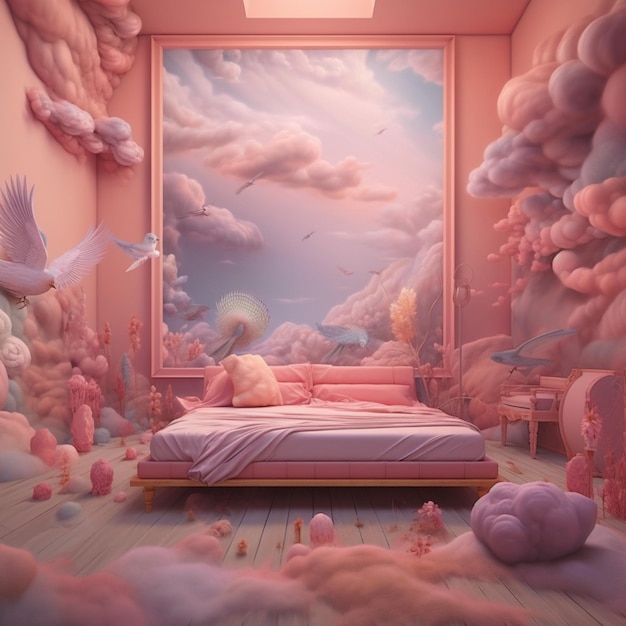 There is a bed in a room with a mural of clouds generative ai