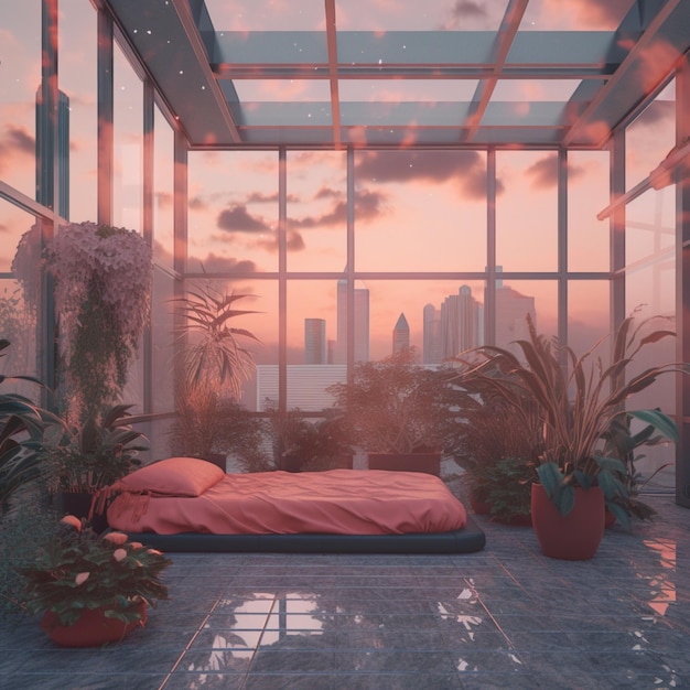 There is a bed in a room with a view of the city generative ai