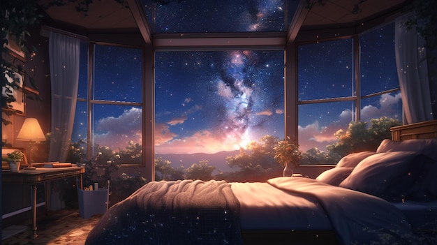 There is a bed in a room with a view of the sky generative ai