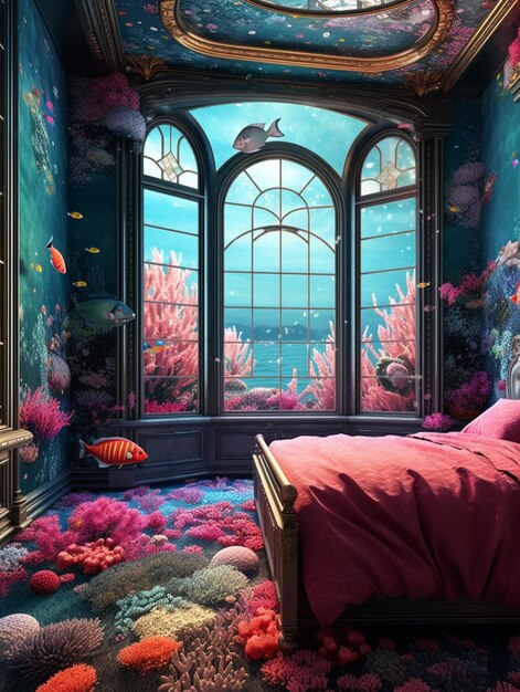 there is a bed in a room with a window and a fish mural generative ai