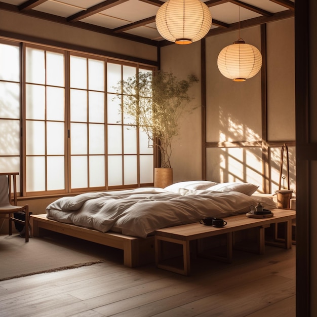 There is a bed in a room with a wooden floor generative ai