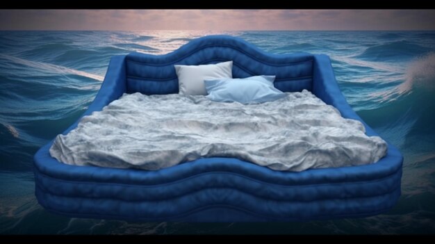 Photo there is a bed that is floating in the water with pillows generative ai