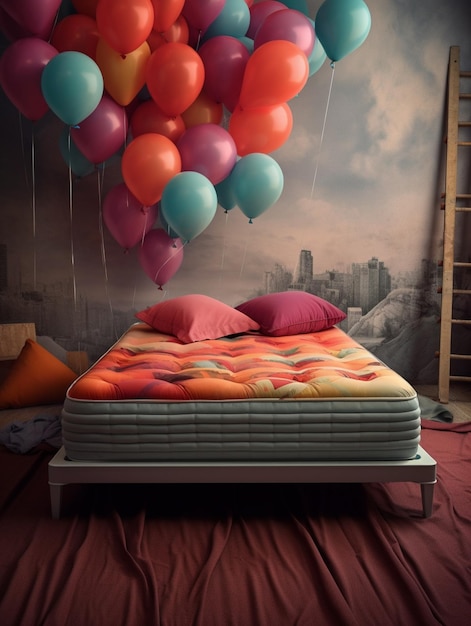 There is a bed with a bunch of balloons hanging from the ceiling generative ai