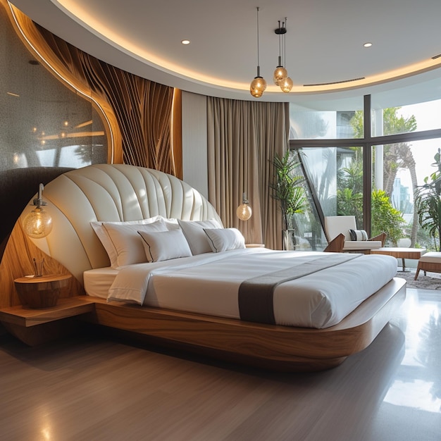 There is a bed with a curved headboard and a wooden frame generative ai