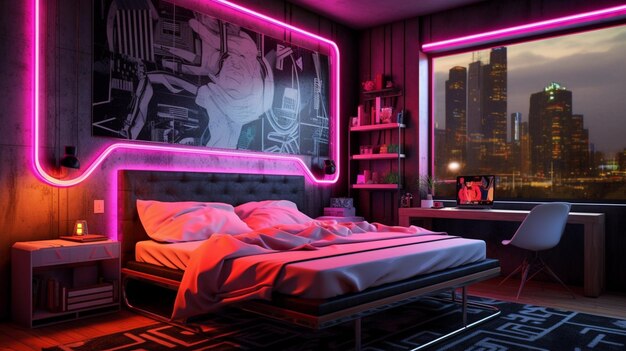 There is a bed with a neon headboard in a bedroom generative ai