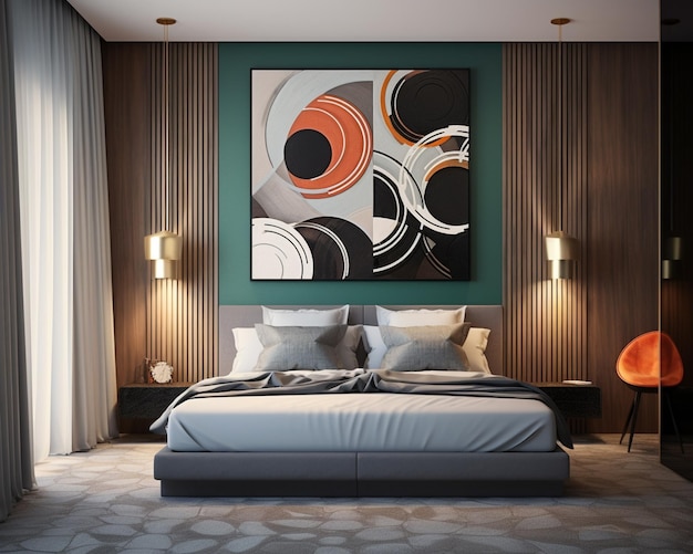 there is a bed with a painting on the wall above it generative ai