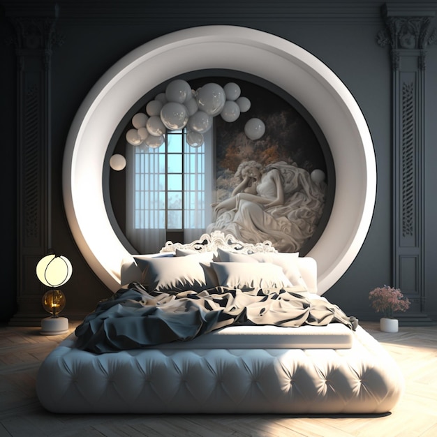 There is a bed with a round mirror in the middle of it generative ai