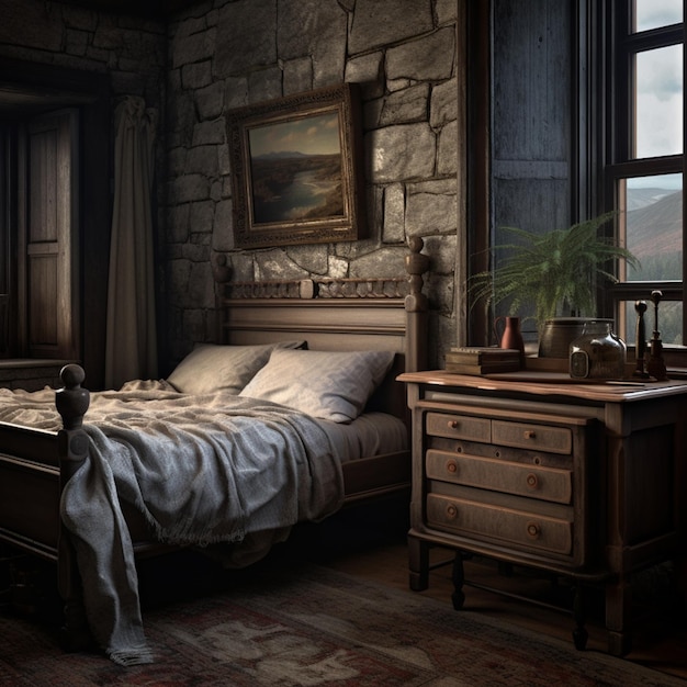 Photo there is a bed with a white blanket and a wooden dresser generative ai