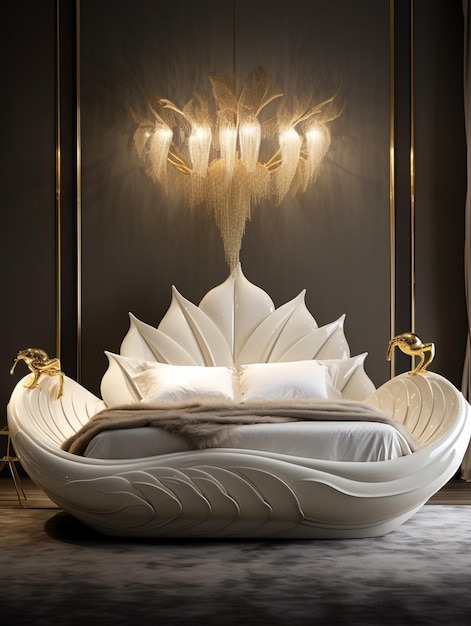 There is a bed with a white flower shaped headboard and a gold frame generative ai