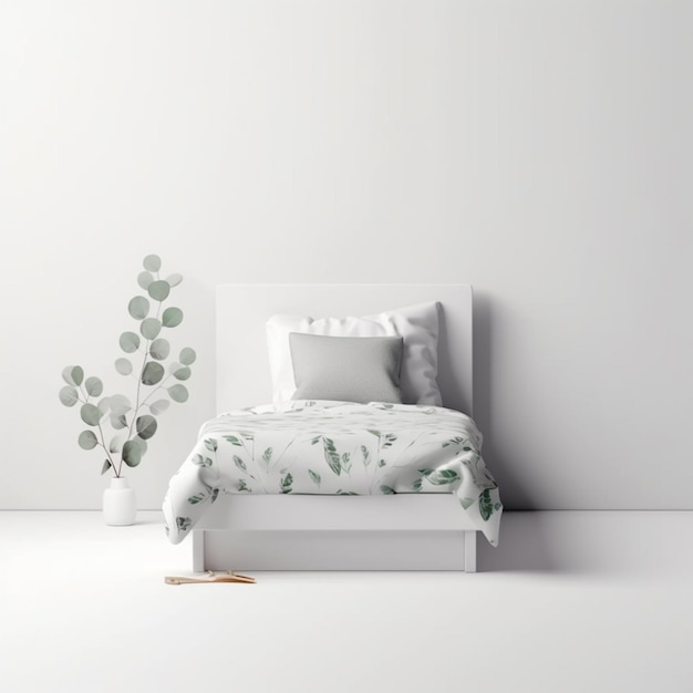 there is a bed with a white headboard and a plant in a vase generative ai