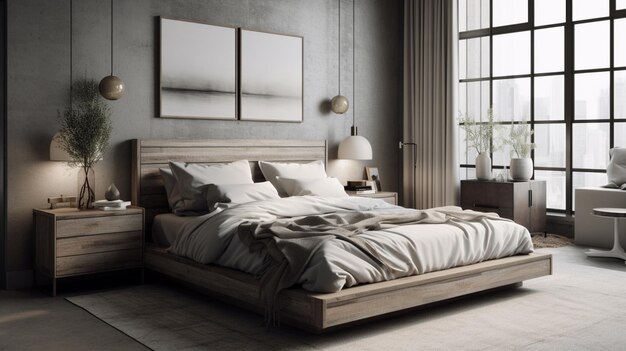 There is a bed with a wooden frame and a white blanket generative ai