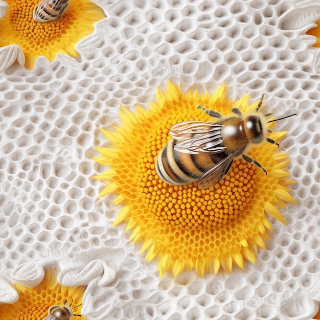 there is a bee sitting on a flower with other bees around it generative ai