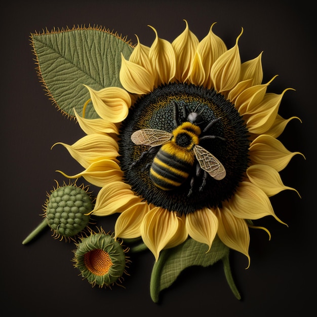 There is a bee sitting on a sunflower with a flower head generative ai