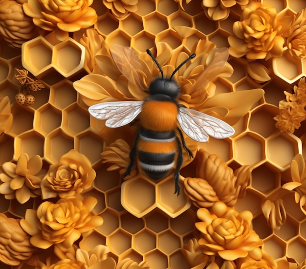 на сотах сидит пчела с генеративным искусственным интеллектом