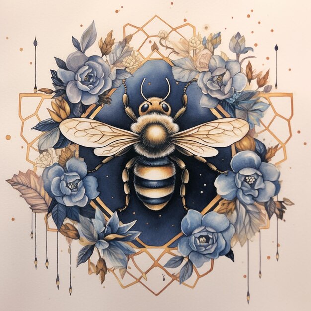 Photo there is a bee with a crown and flowers on it generative ai