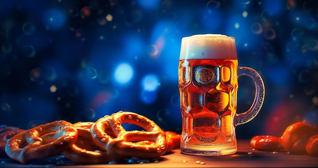 There is a beer glass and some pretzels