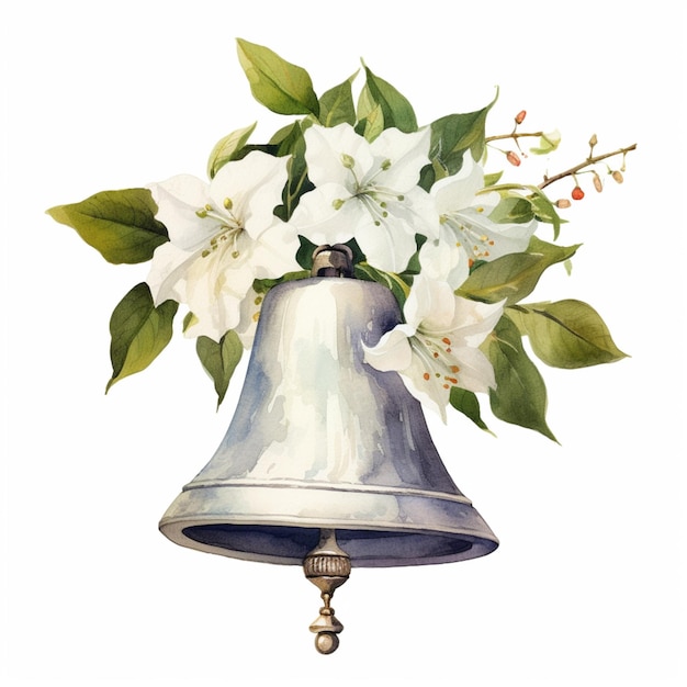 There is a bell with flowers in it and a branch of leaves generative ai