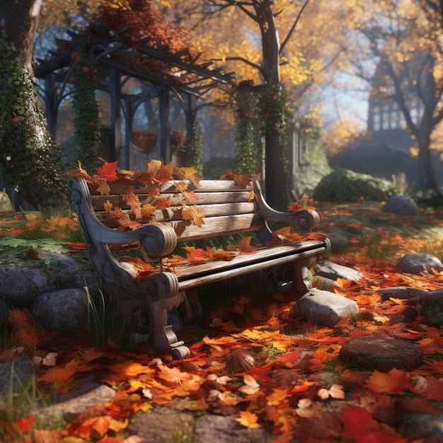 there is a bench in the middle of a forest with leaves on it generative ai