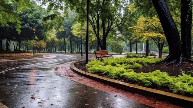 There is a bench in the middle of a park with trees generative ai