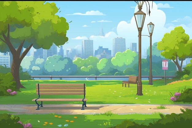 There is a bench in the park with a lamp post generative ai