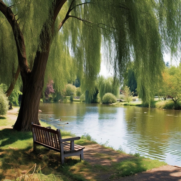 There is a bench sitting under a tree by the water generative ai