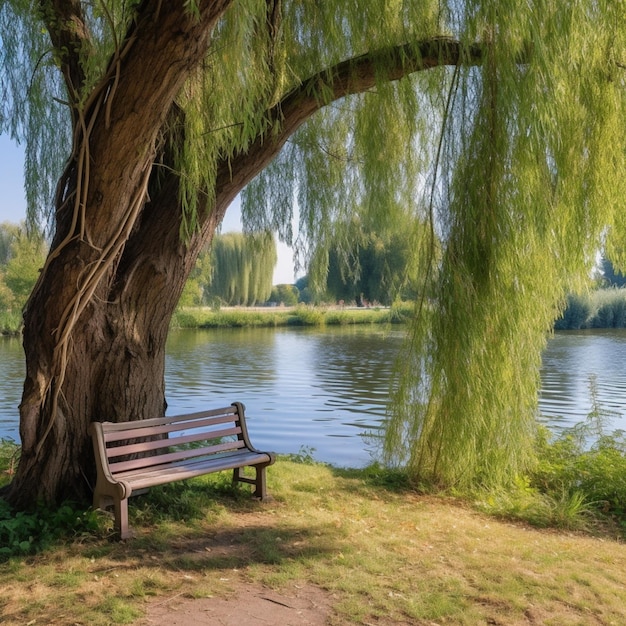 There is a bench under a tree by the water generative ai