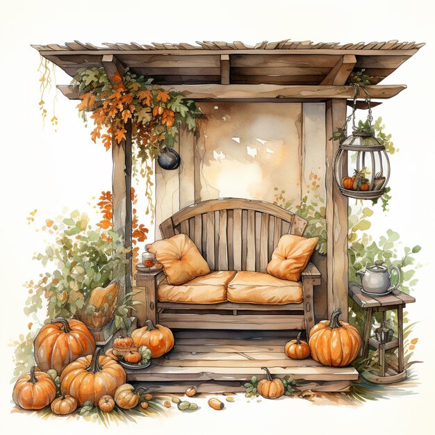 There is a bench with a bench cushion and pumpkins on it generative ai