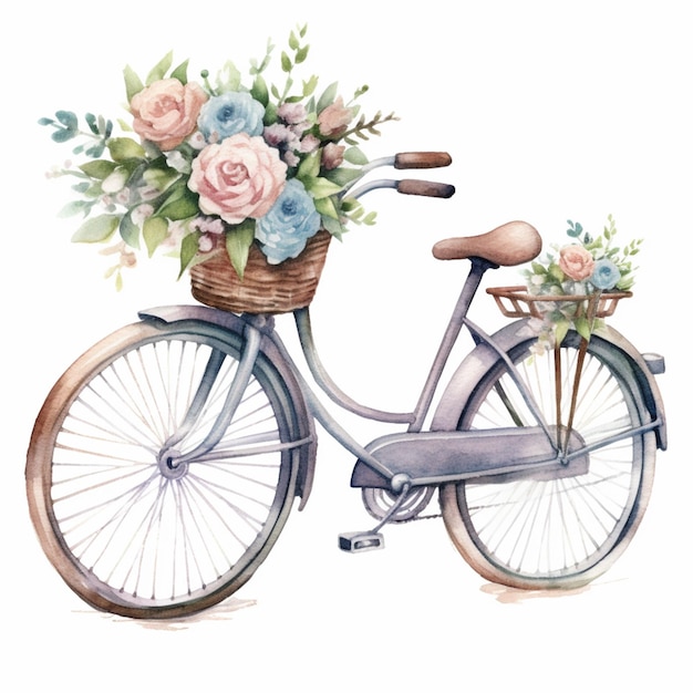 전면 생성 AI에 꽃 바구니가 달린 자전거가 있습니다.