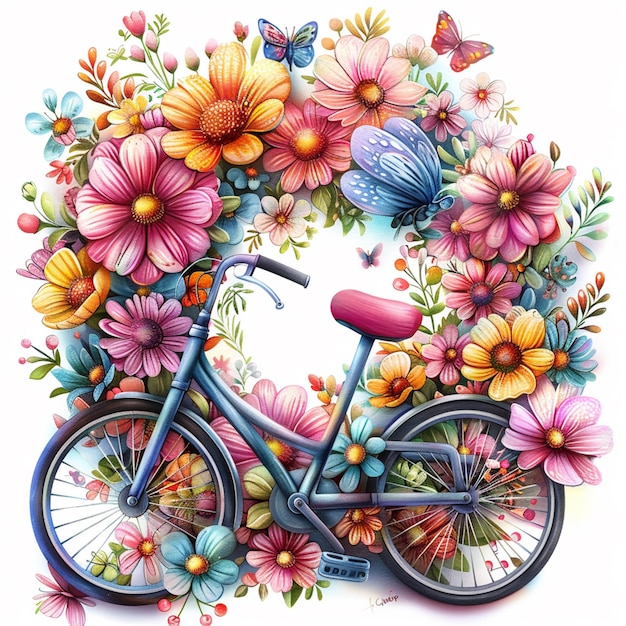 there is a bicycle with flowers and butterflies on it generative ai