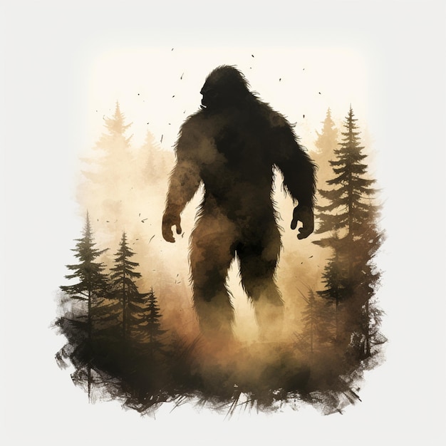 Foto c'è un bigfoot che cammina nel bosco nella nebbia generativa ai