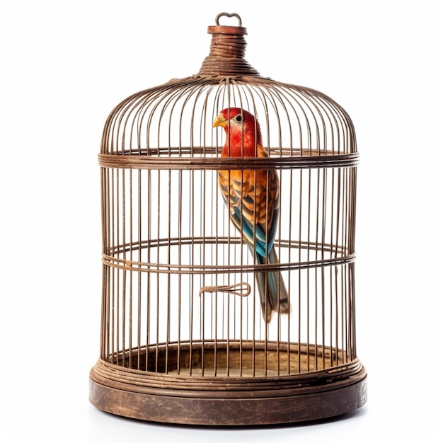 Photo there is a bird in a cage that is sitting on a table generative ai