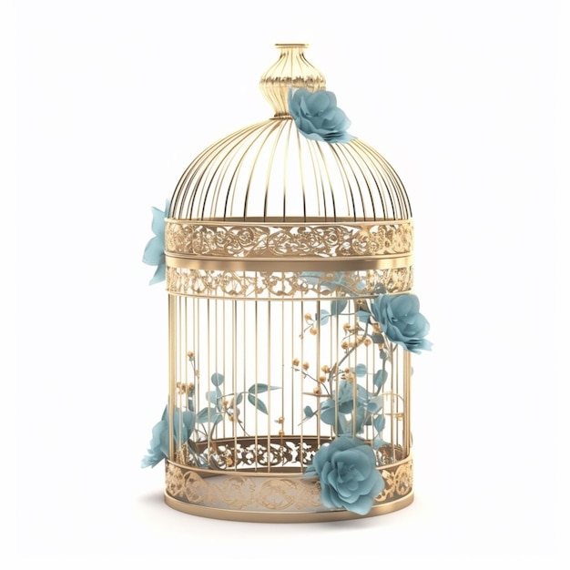 There is a bird cage with flowers and a bird inside generative ai