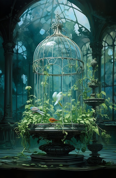 there is a bird in a cage with plants growing out of it generative ai