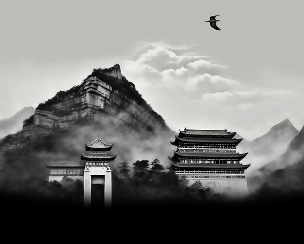 There is a bird flying over a mountain with a pagoda in the background generative ai